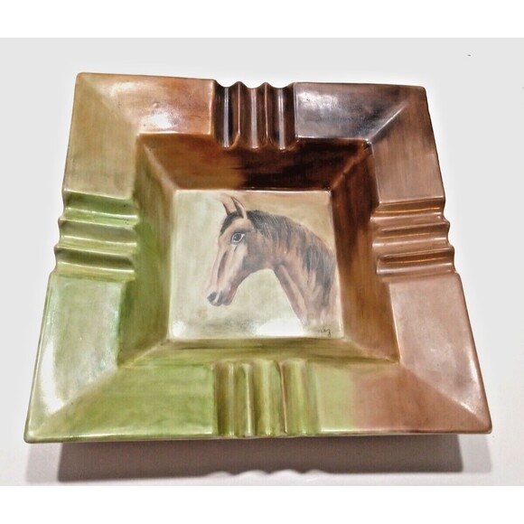 MCM Western Horse Hand Painted Ashtray 8.5 x 8.5 Square Ranch Yellowstone Vibes - Picture 1 of 9